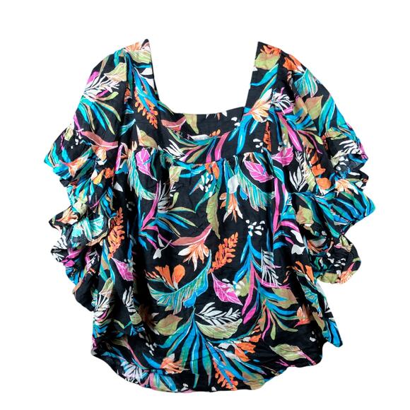 Terra & Sky Womens Blouse Black Muli Floral U Neck Short Sleeve Flowy Casual 1X - Picture 1 of 11